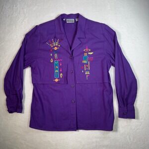 Strictly Silk Purple Embroidered Button‎ Down Shirt 100% Silk Size S